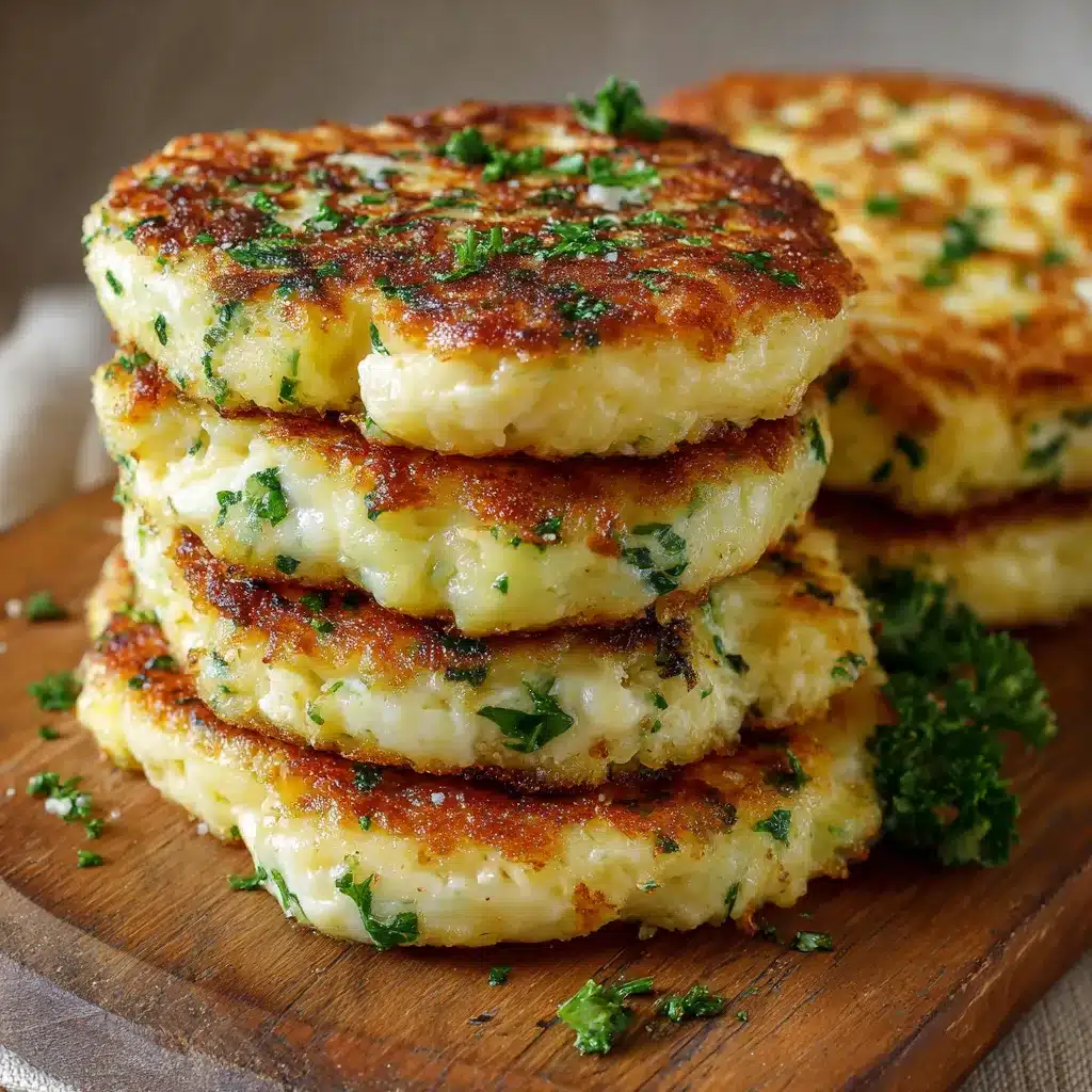Tortitas de coliflor con queso doradas servidas en plato blanco con ensalada fresca