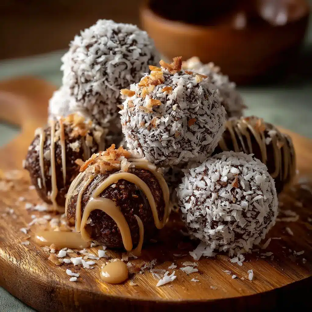 Trufas de chocolate y coco caseras cubiertas de coco rallado sobre un plato blanco.