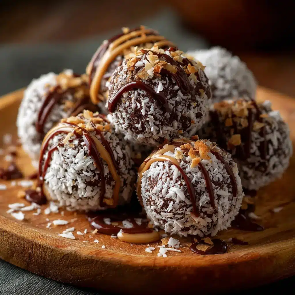 Trufas de chocolate y coco caseras cubiertas de coco rallado sobre un plato blanco.