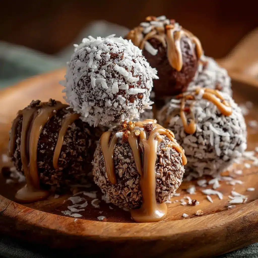 Trufas de chocolate y coco caseras cubiertas de coco rallado sobre un plato blanco.