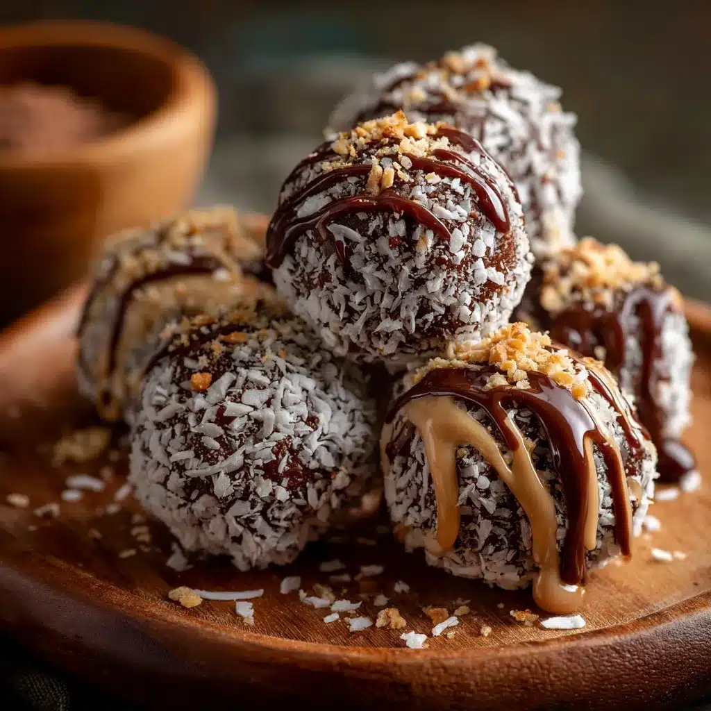 Trufas de chocolate y coco caseras cubiertas de coco rallado sobre un plato blanco.