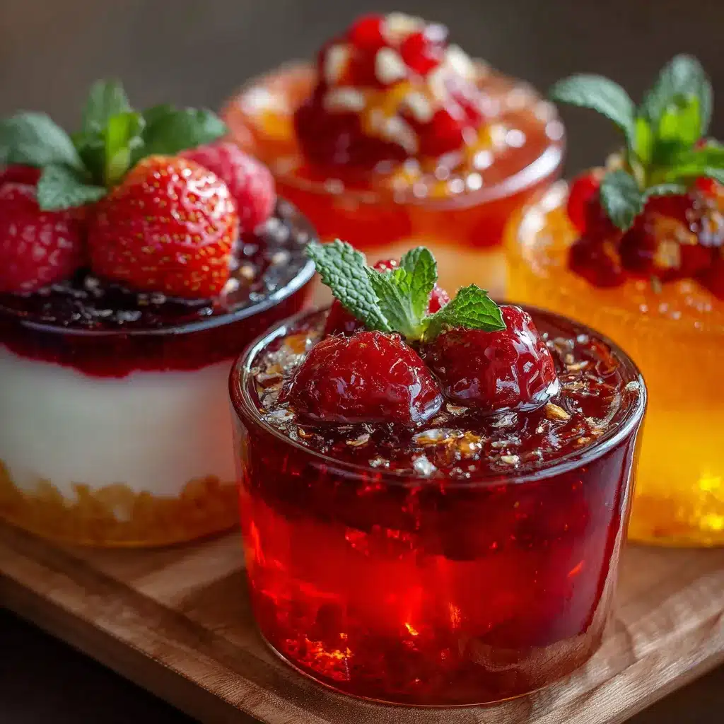 Gelatinas individuales en vasos transparentes con capas de colores y frutas frescas