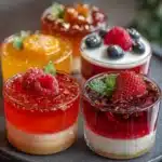 Gelatinas individuales en vasos transparentes con capas de colores y frutas frescas