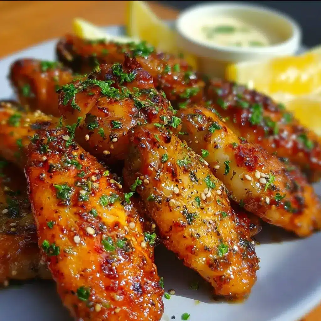 Alitas de pollo con limón y pimienta doradas al horno, servidas en plato blanco con gajos de limón