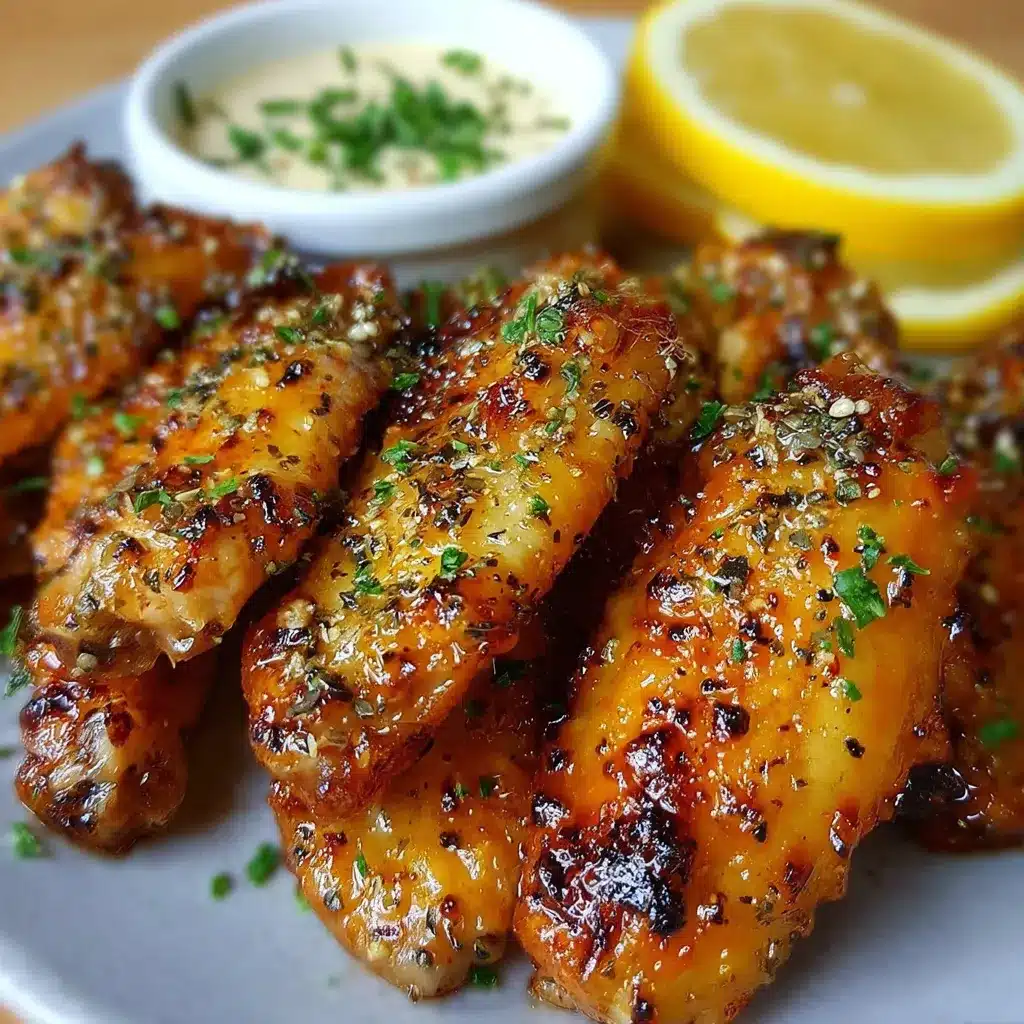 Alitas de pollo con limón y pimienta doradas al horno, servidas en plato blanco con gajos de limón