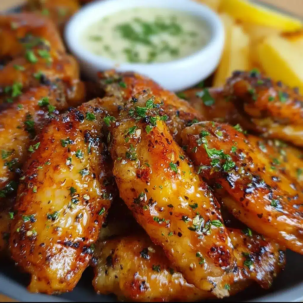 Alitas de pollo con limón y pimienta doradas al horno, servidas en plato blanco con gajos de limón