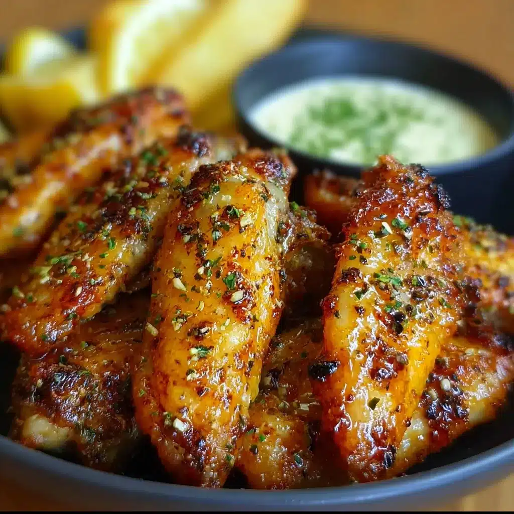 Alitas de pollo con limón y pimienta doradas al horno, servidas en plato blanco con gajos de limón