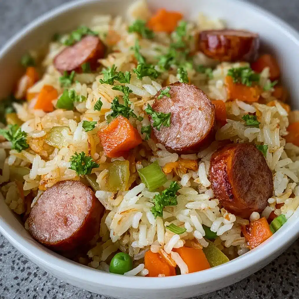 Plato casero de arroz con salchichas servido caliente con verduras.