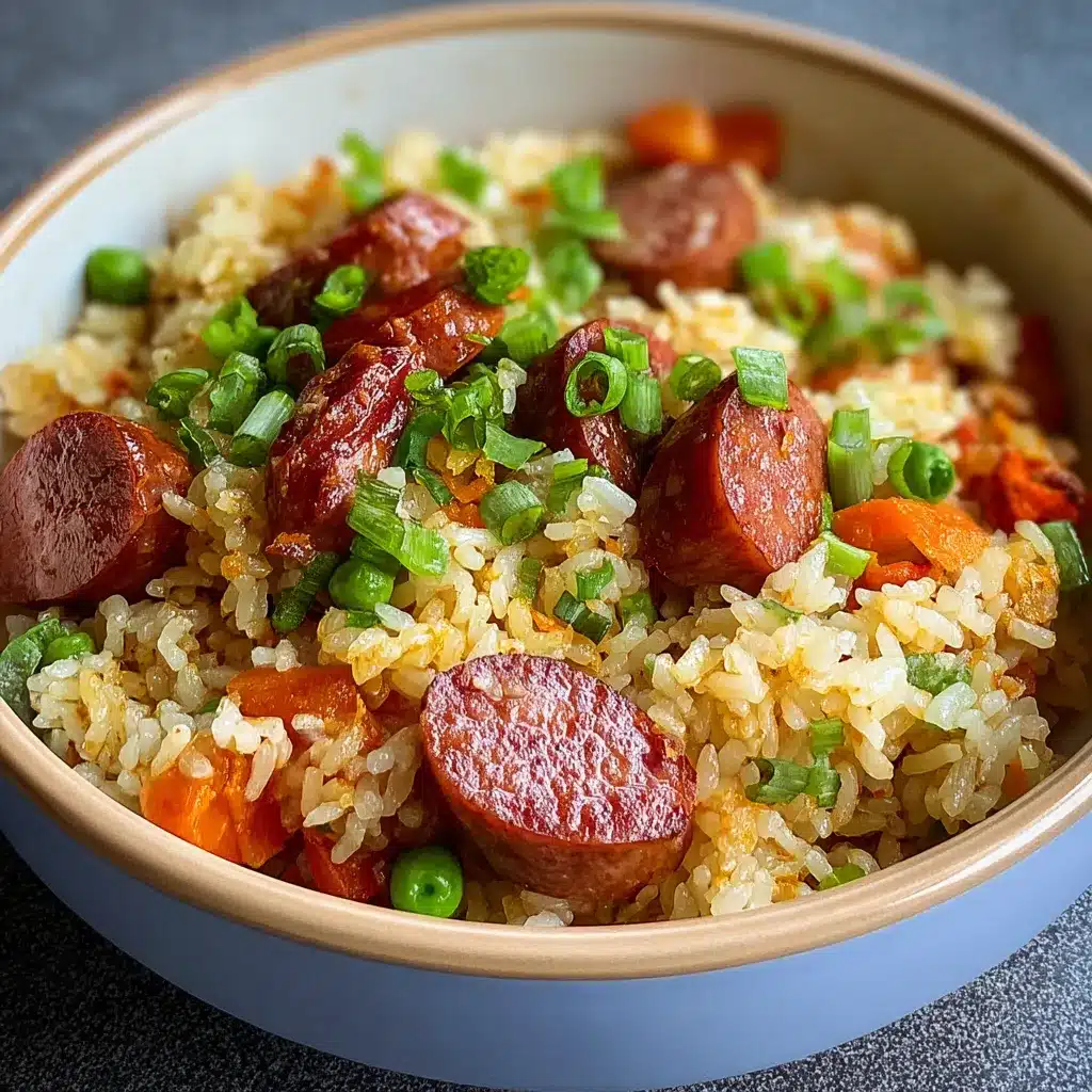 Plato casero de arroz con salchichas servido caliente con verduras.