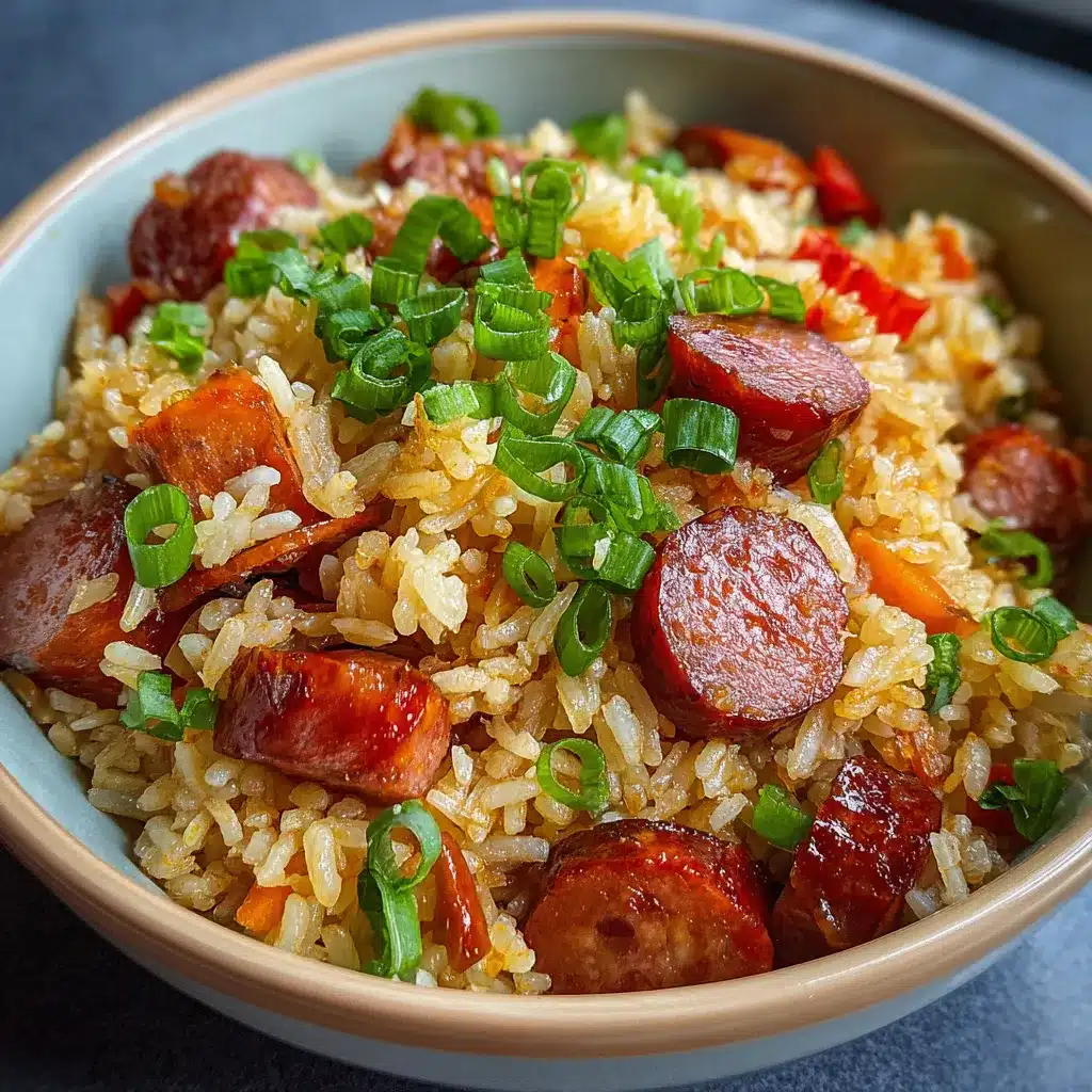 Plato casero de arroz con salchichas servido caliente con verduras.