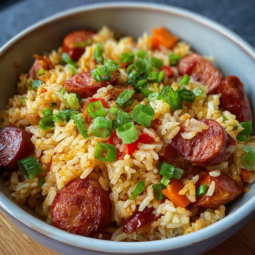Plato casero de arroz con salchichas servido caliente con verduras.