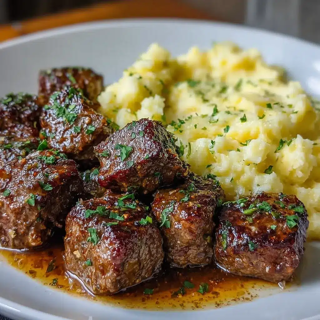 Bocaditos de carne dorados servidos con puré de papas cremoso en un plato blanco
