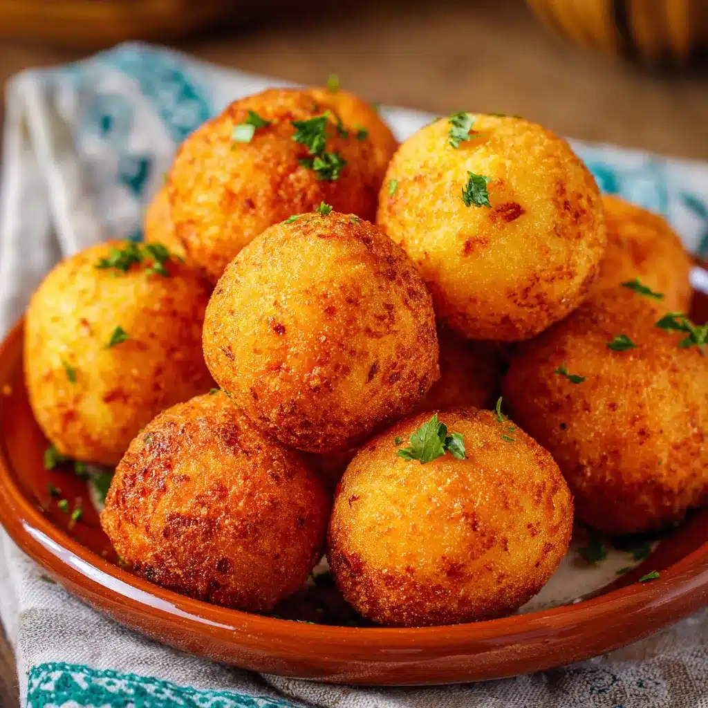 Bolitas fritas recién hechas y doradas servidas en un plato sobre papel absorbente