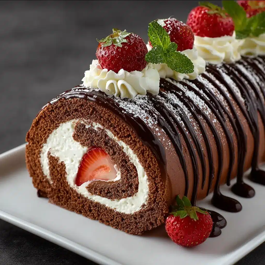 Brazo gitano de chocolate relleno de nata y fresas frescas sobre una tabla de madera