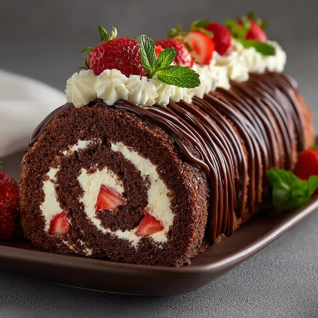 Brazo gitano de chocolate relleno de nata y fresas frescas sobre una tabla de madera