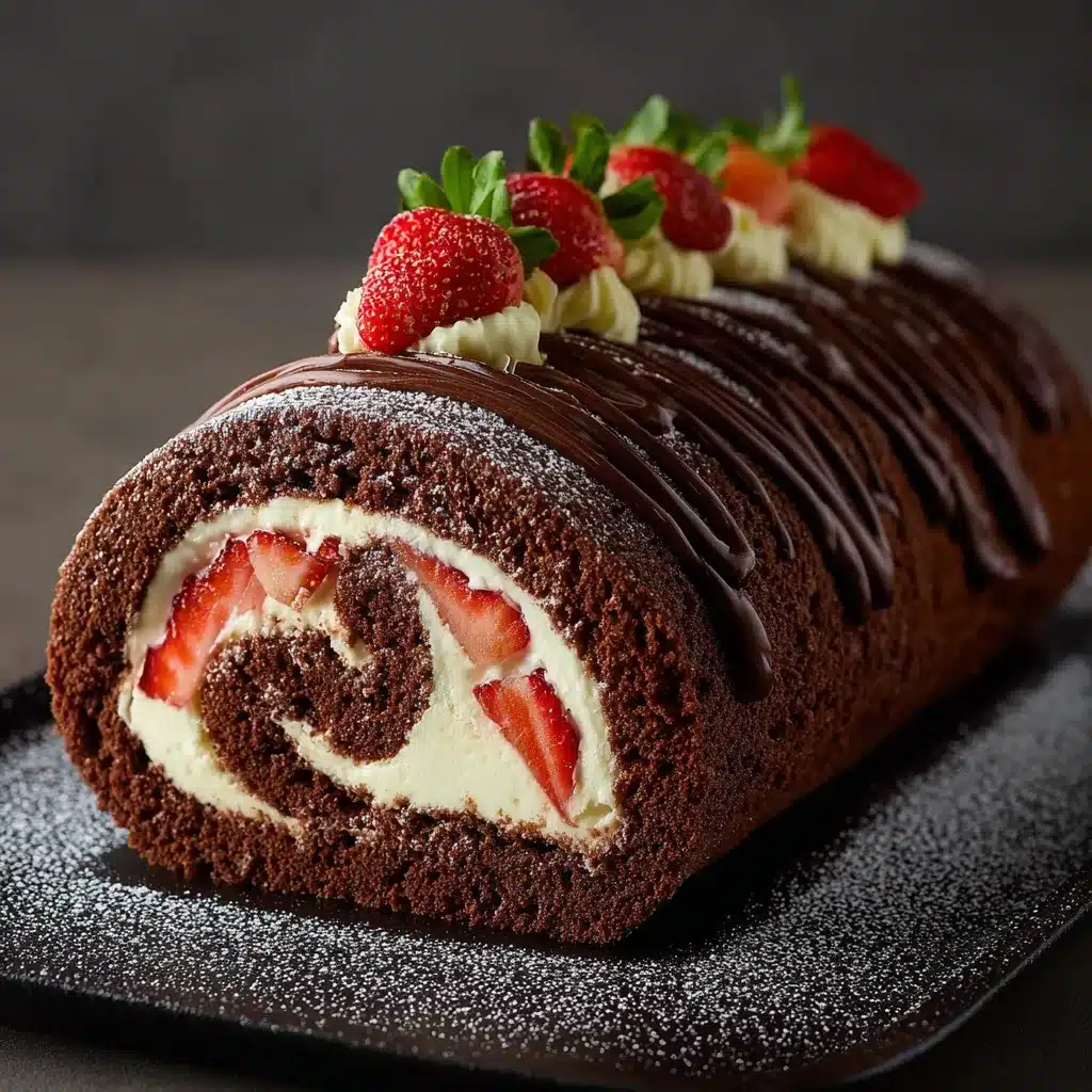 Brazo gitano de chocolate relleno de nata y fresas frescas sobre una tabla de madera