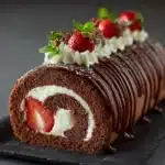 Brazo gitano de chocolate relleno de nata y fresas frescas sobre una tabla de madera