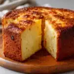 Budín de pan casero recién horneado sobre una mesa rústica, listo para servir.