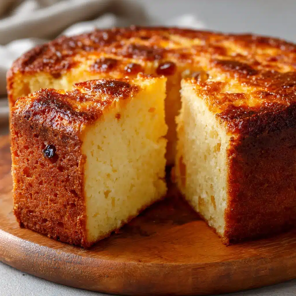 Budín de pan casero recién horneado sobre una mesa rústica, listo para servir.