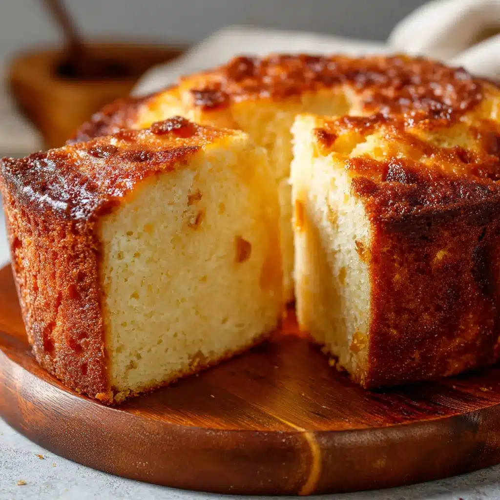 Budín de pan casero recién horneado sobre una mesa rústica, listo para servir.