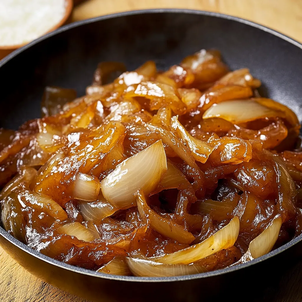 Cebolla caramelizada en sartén, dorada y brillante, lista para servir