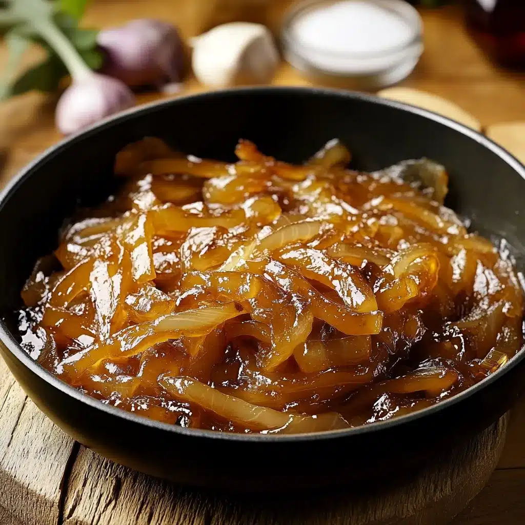 Cebolla caramelizada en sartén, dorada y brillante, lista para servir