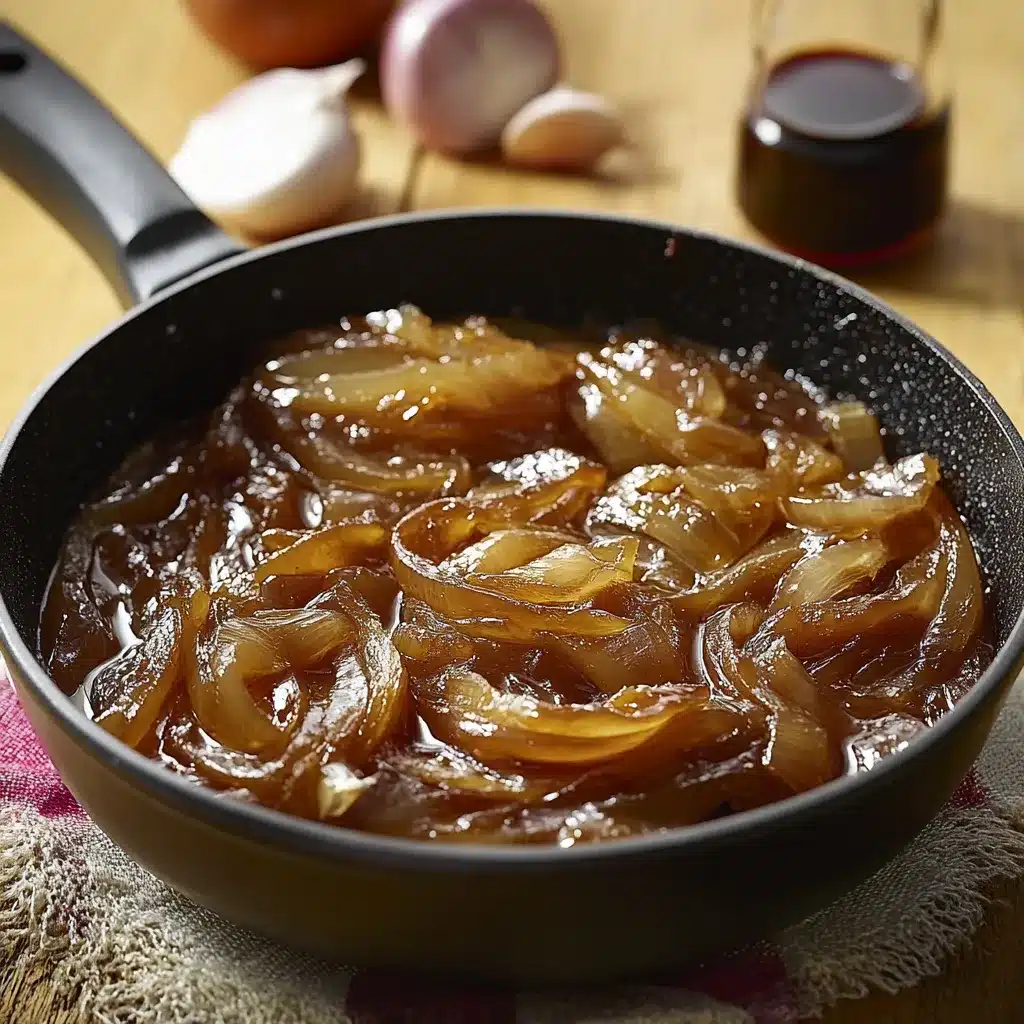 Cebolla caramelizada en sartén, dorada y brillante, lista para servir