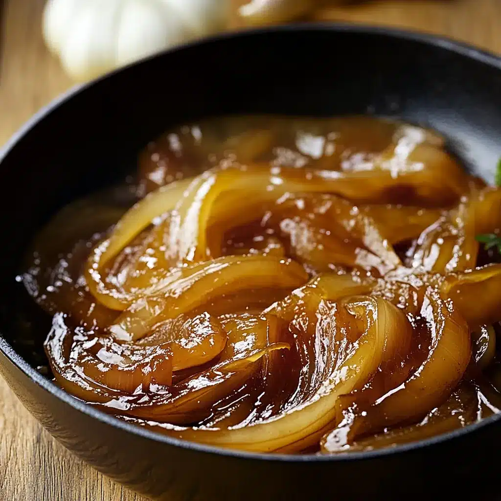 Cebolla caramelizada en sartén, dorada y brillante, lista para servir