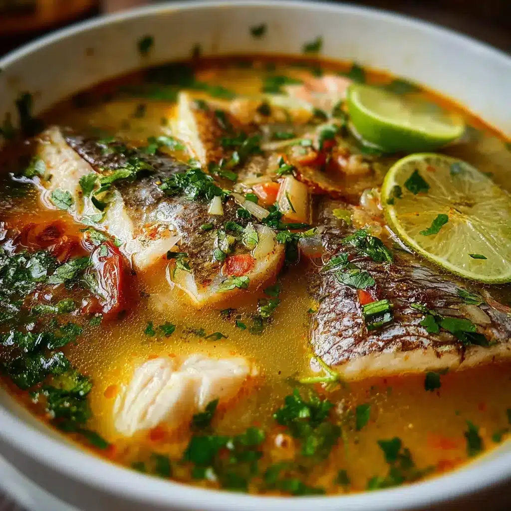 Plato de caldo de pescado muy sabroso con verduras, pescado fresco, cilantro y limón servido caliente en una olla casera.