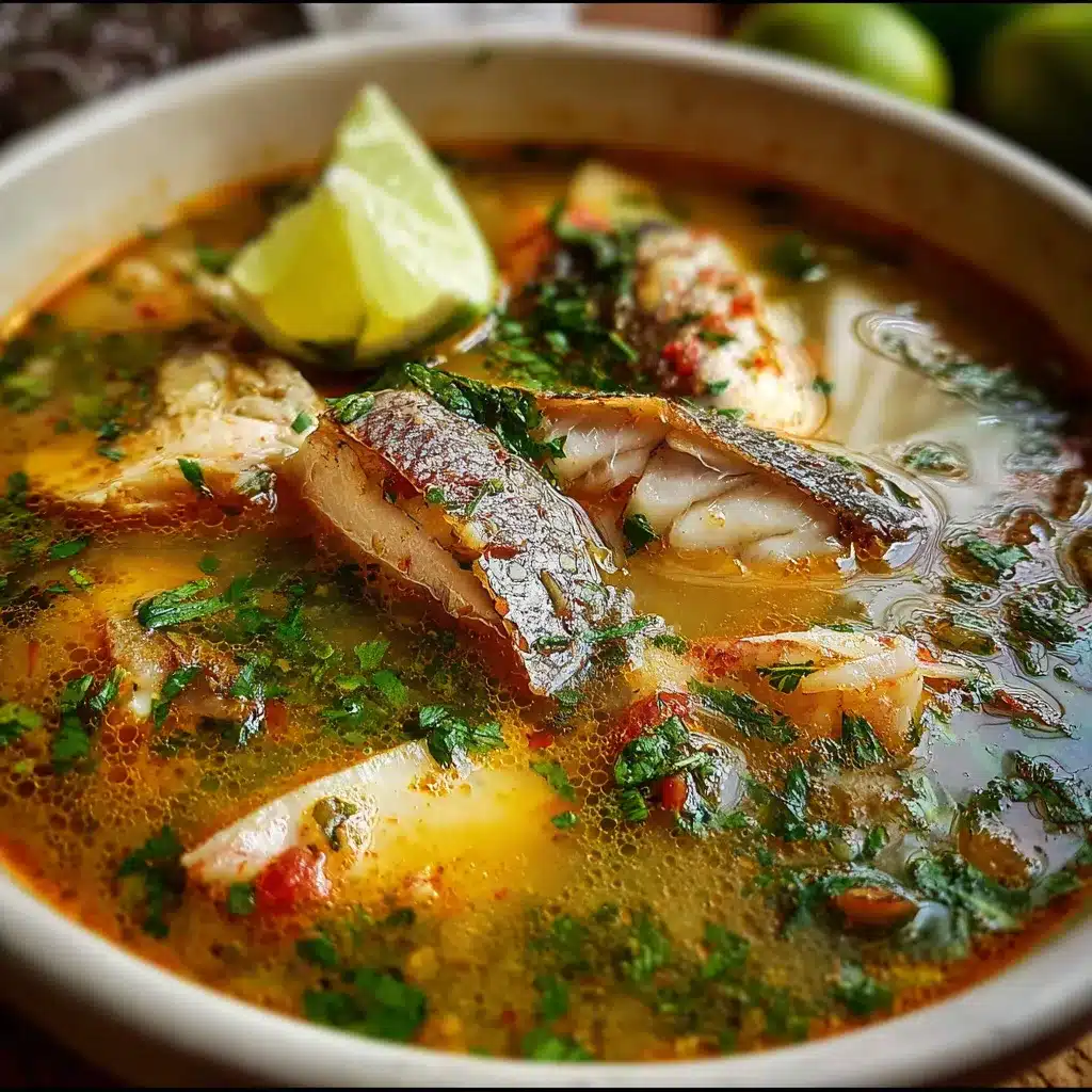 Plato de caldo de pescado muy sabroso con verduras, pescado fresco, cilantro y limón servido caliente en una olla casera.