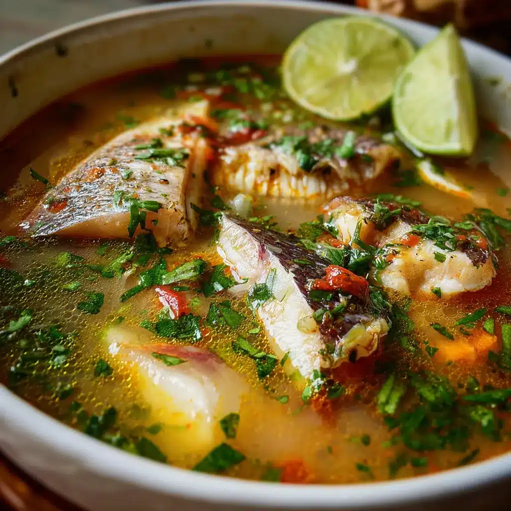 Plato de caldo de pescado muy sabroso con verduras, pescado fresco, cilantro y limón servido caliente en una olla casera.