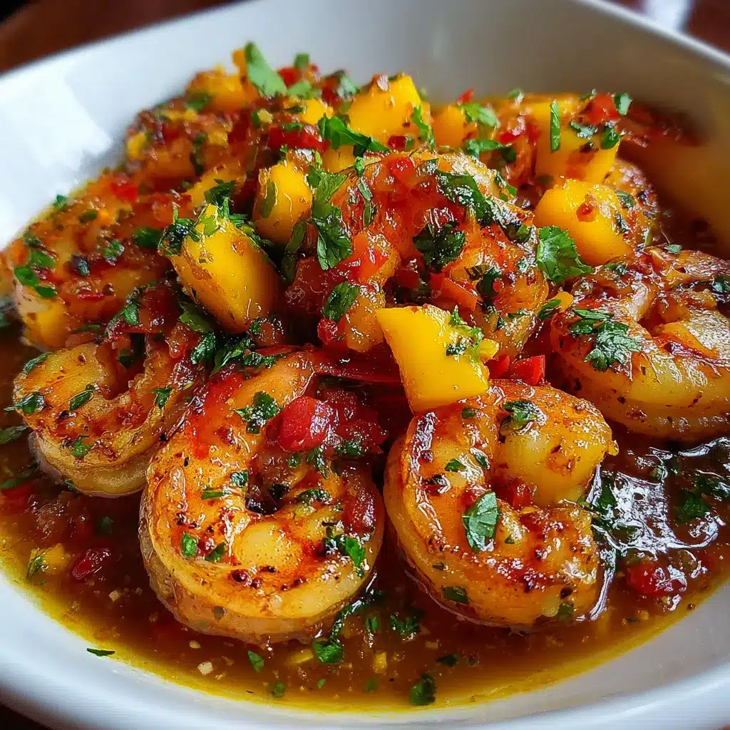 Camarones cocinados en salsa de mango servidos con arroz blanco y cilantro fresco