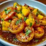 Camarones cocinados en salsa de mango servidos con arroz blanco y cilantro fresco