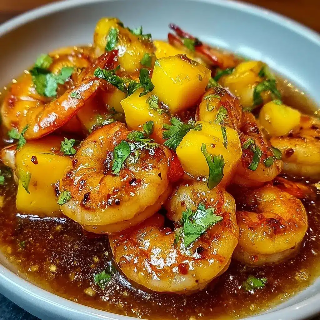 Camarones cocinados en salsa de mango servidos con arroz blanco y cilantro fresco