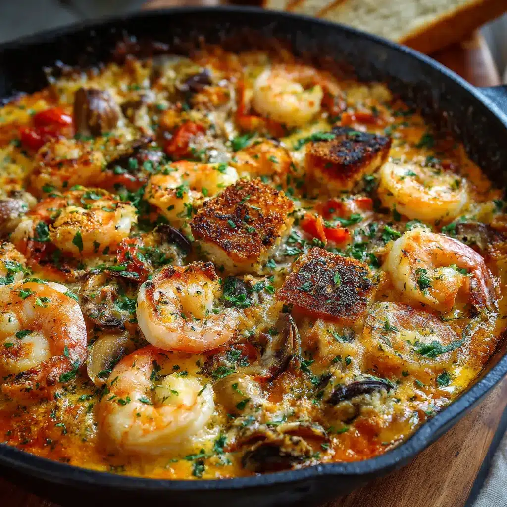 Cazuela de mariscos tradicional servida caliente con almejas, mejillones y rodajas de limón en cazuela de barro.