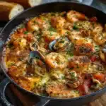 Cazuela de mariscos tradicional servida caliente con almejas, mejillones y rodajas de limón en cazuela de barro.