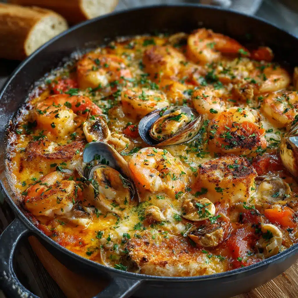 Cazuela de mariscos tradicional servida caliente con almejas, mejillones y rodajas de limón en cazuela de barro.