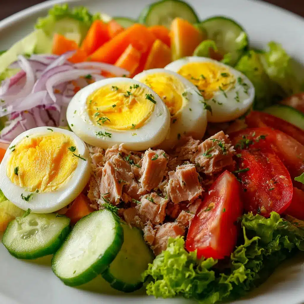 Plato servido de ensalada fresca con atún, huevo duro, lechuga, jitomate, pepino y zanahoria en un bol blanco.