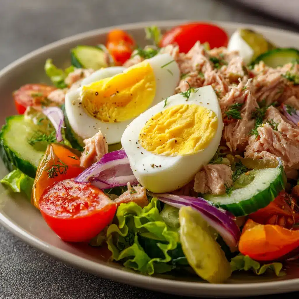 Plato servido de ensalada fresca con atún, huevo duro, lechuga, jitomate, pepino y zanahoria en un bol blanco.