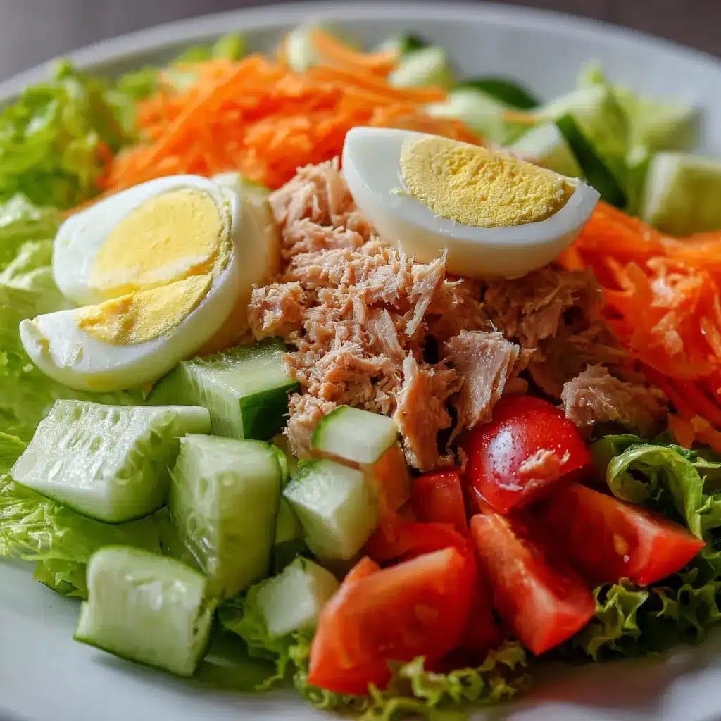 Plato servido de ensalada fresca con atún, huevo duro, lechuga, jitomate, pepino y zanahoria en un bol blanco.