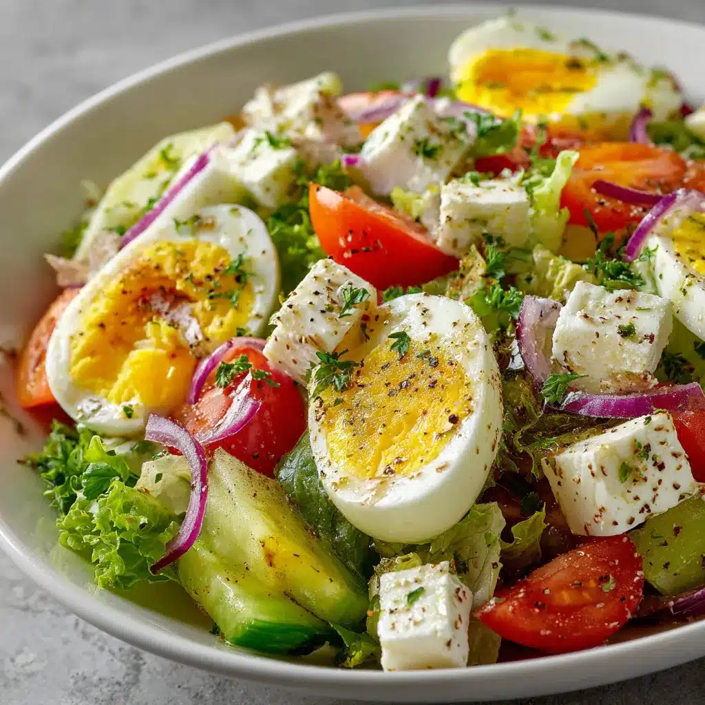 Ensalada fresca servida con huevo duro, queso feta, tomates cherry y hojas verdes