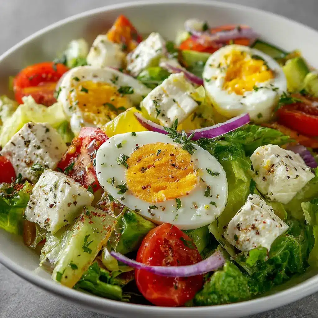 Ensalada fresca servida con huevo duro, queso feta, tomates cherry y hojas verdes