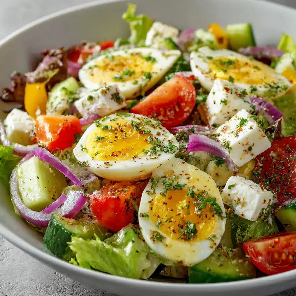 Ensalada fresca servida con huevo duro, queso feta, tomates cherry y hojas verdes