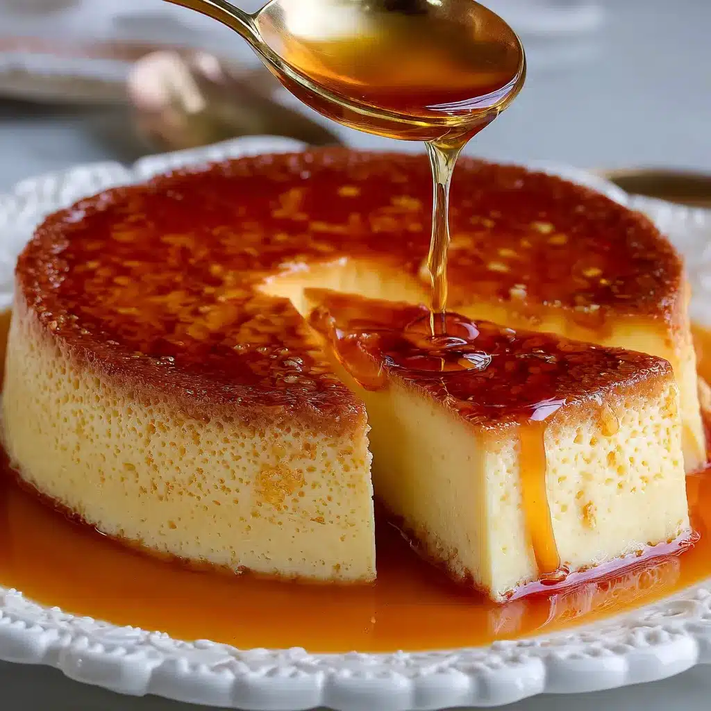 Flan casero de vainilla servido en plato blanco con caramelo brillante.