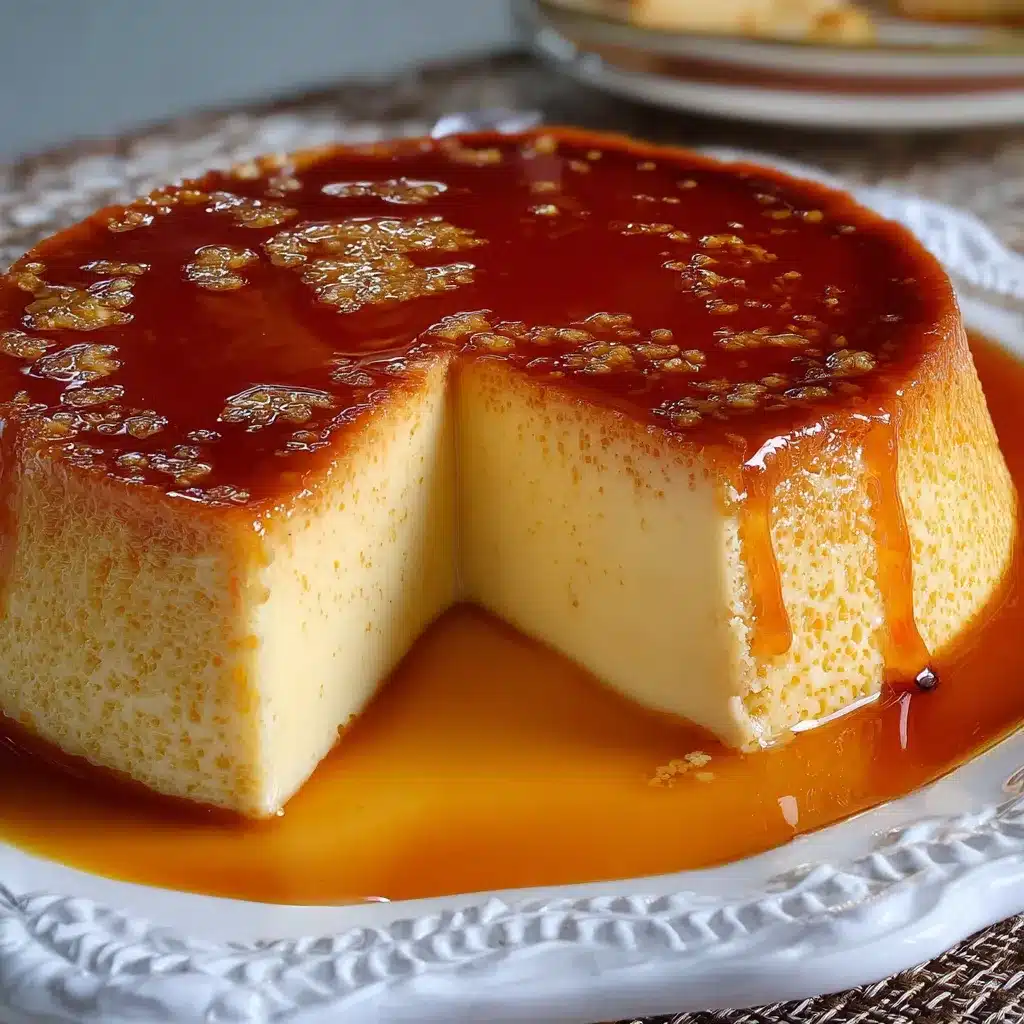 Flan casero de vainilla servido en plato blanco con caramelo brillante.