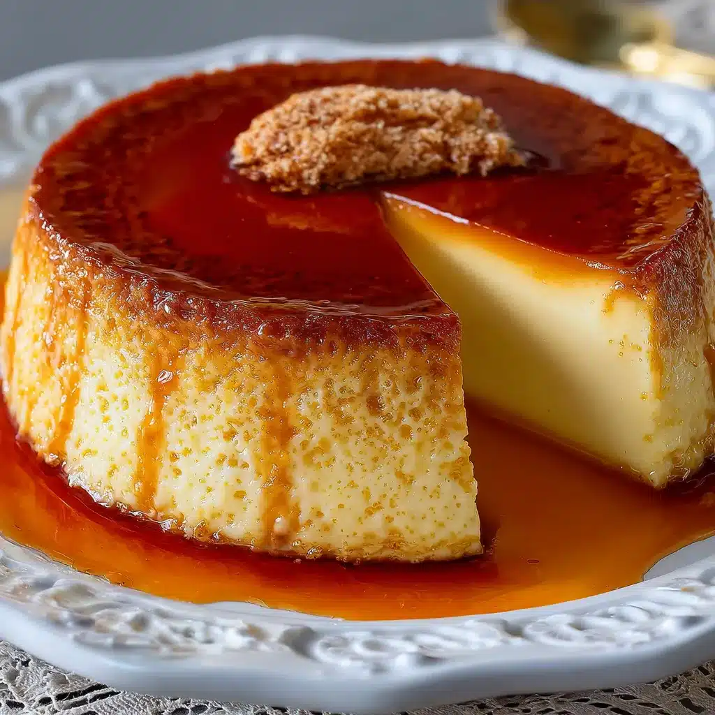 Flan casero de vainilla servido en plato blanco con caramelo brillante.
