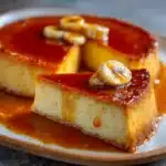 Flan de plátano sin harina ni horno servido en un plato blanco, decorado con nueces