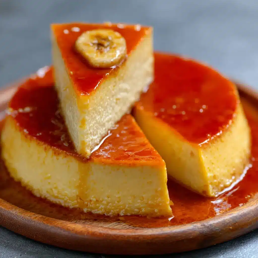 Flan de plátano sin harina ni horno servido en un plato blanco, decorado con nueces