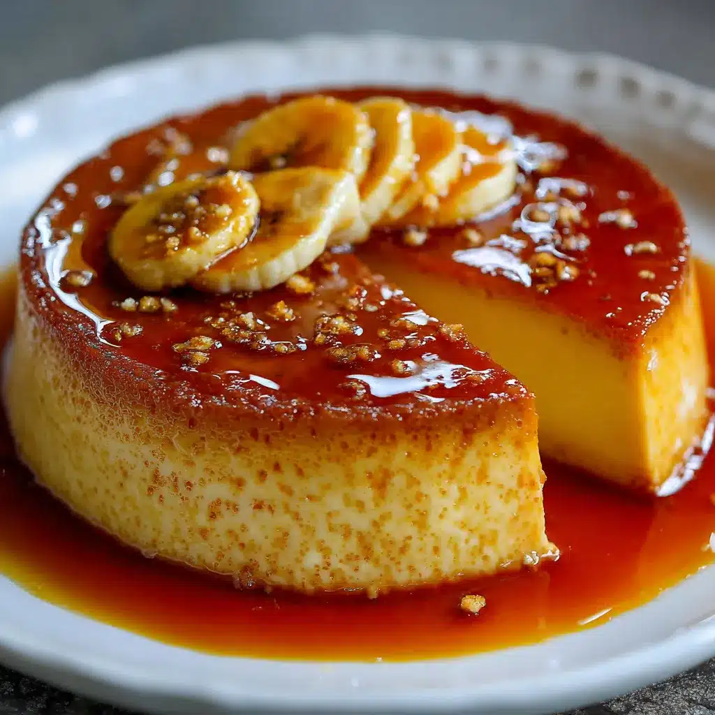 Flan de plátano sin harina ni horno servido en un plato blanco, decorado con nueces