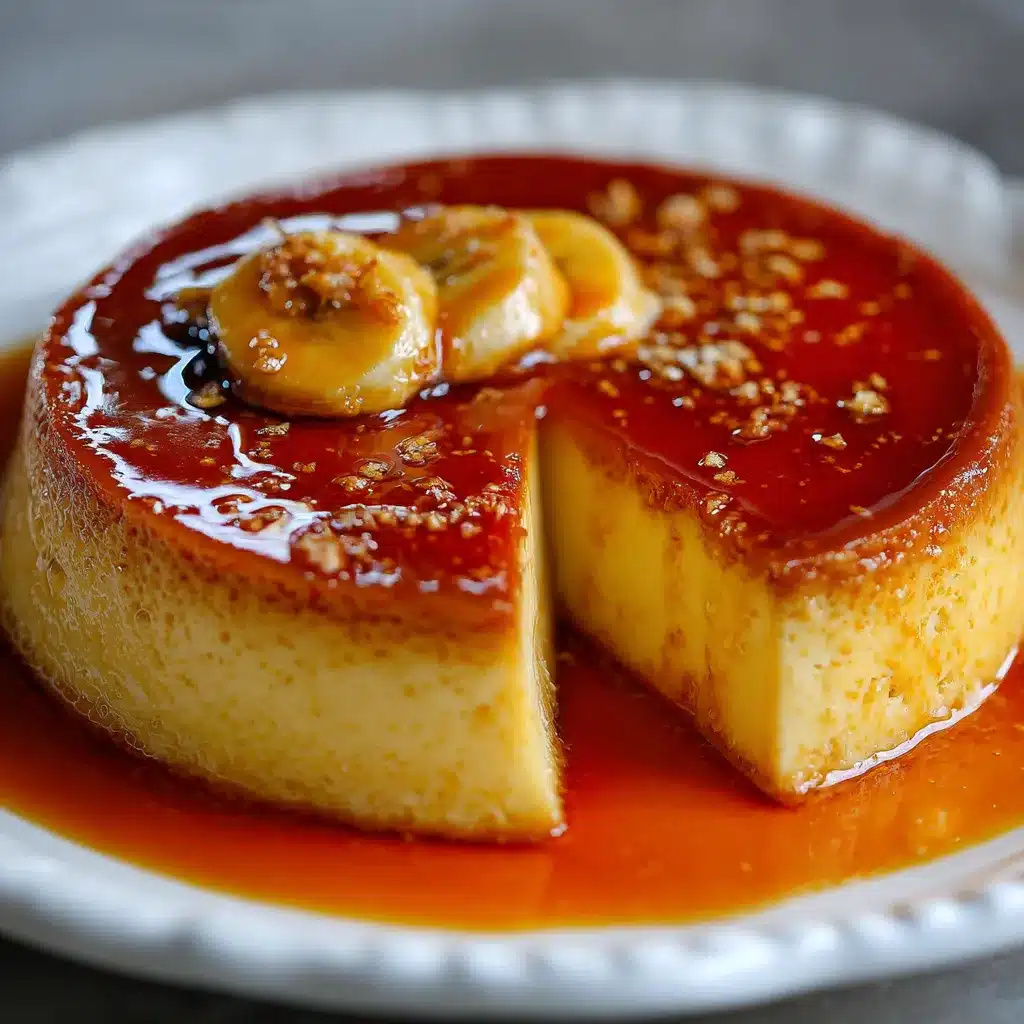 Flan de plátano sin harina ni horno servido en un plato blanco, decorado con nueces
